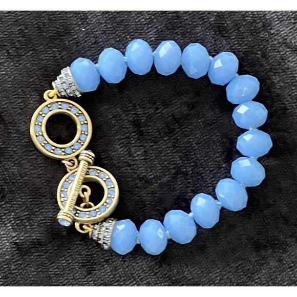 Heidi Daus Faceted Glass Beads Crystal Rhinestone Toggle Bracelet Blue Signed - Picture 9 of 12